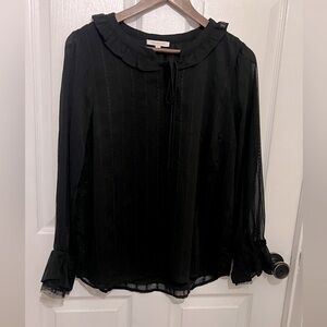 SKIES ARE BLUE Women’s Black Embroidered Detail Ruffle Tie Neck Long Sleeve Top